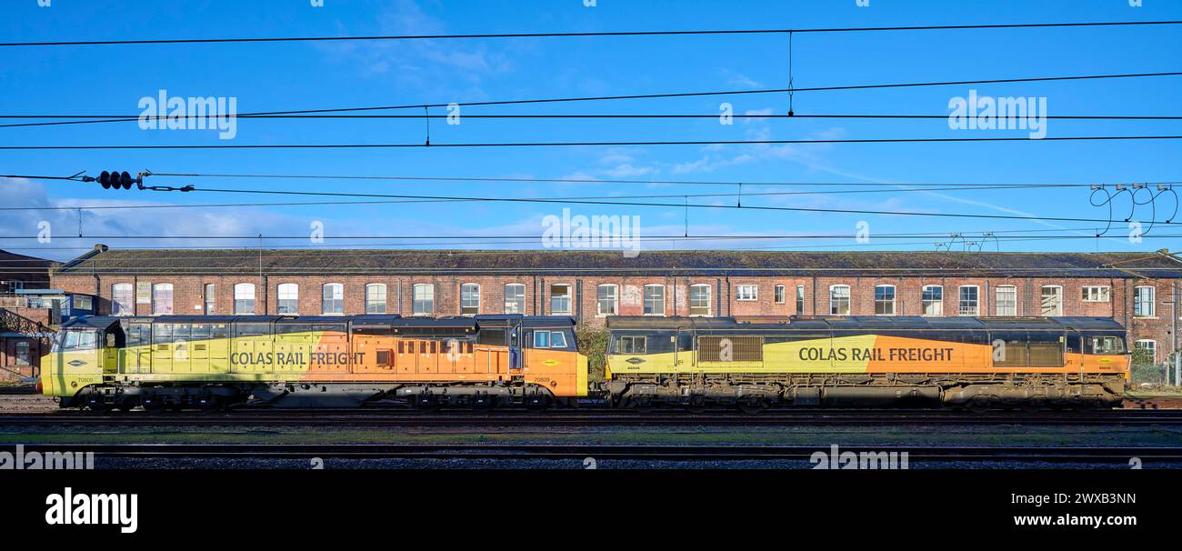 Colas diesel freight locomotives at Doncaster railway station, South Yorkshire, northern England UK, Doncaster railway works behind Stock Photo