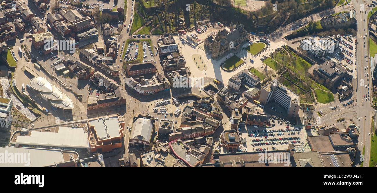 An aerial view of Rochdale town centre, Greater Manchester, northern England, UK showing new developments and investment Stock Photo