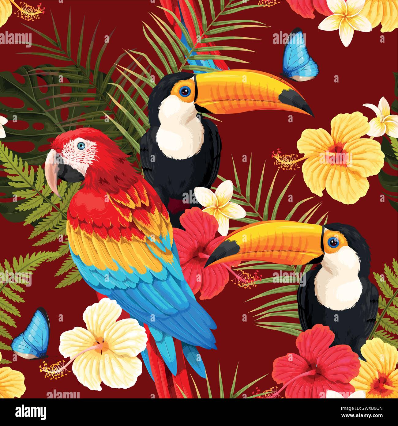Exotic birds and tropical flowers vector seamless background Stock ...