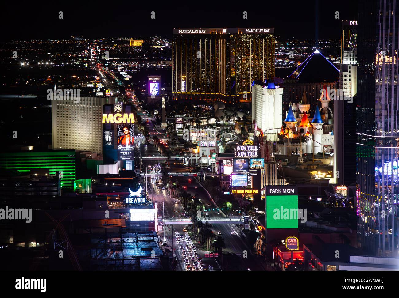 Las Vegas, Nevada, US - November 7th, 2023: Casinos resorts and cars in traffic on Las Vegas Strip at night Stock Photo