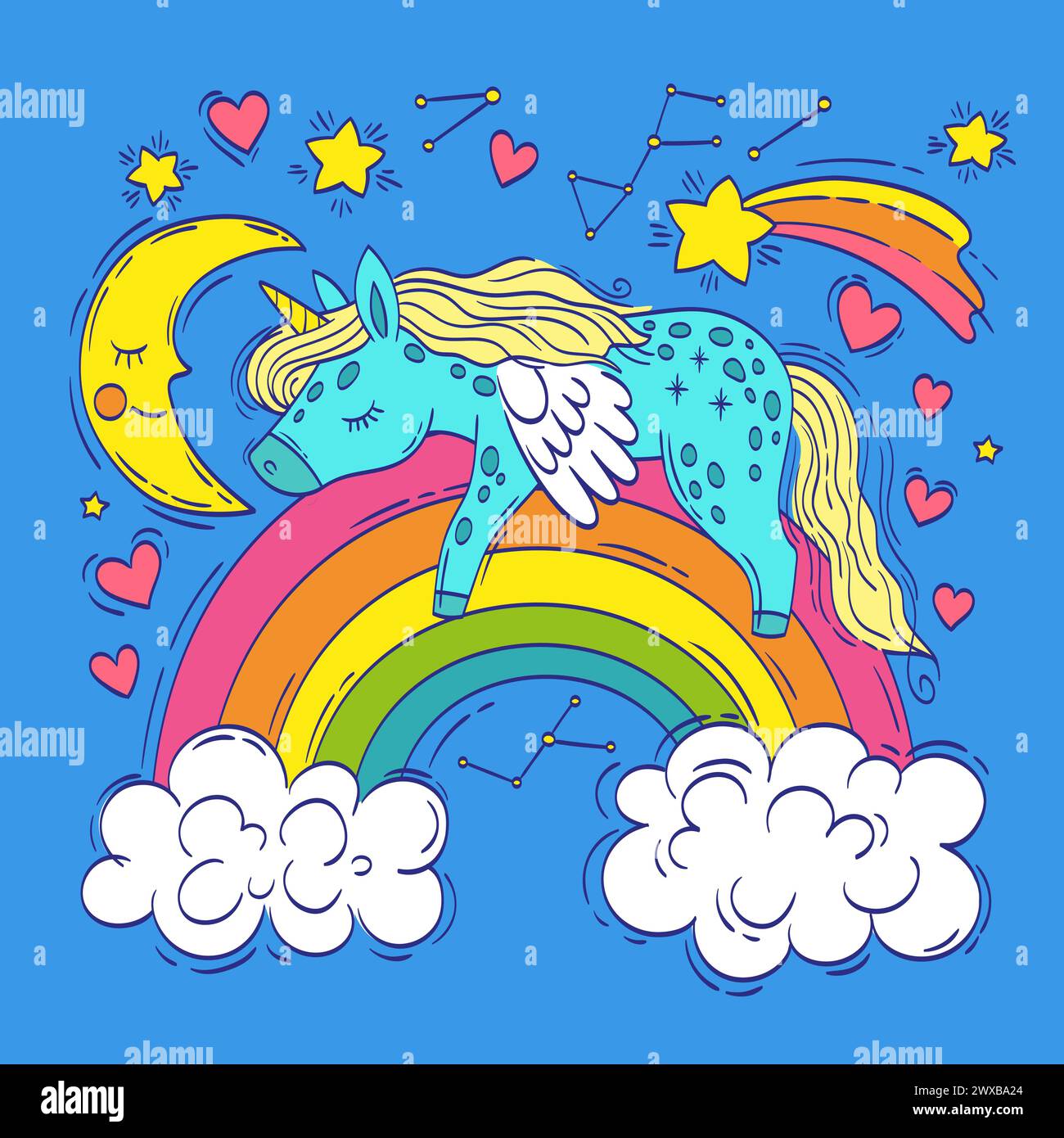 Cute unicorn is sleeping on a rainbow surrounded by clouds and the moon ...