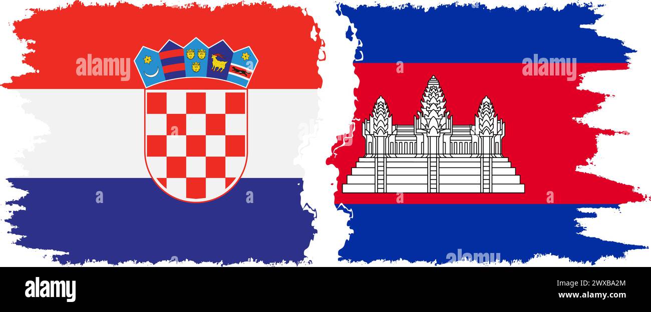 Cambodia and Croatia grunge flags connection, vector Stock Vector