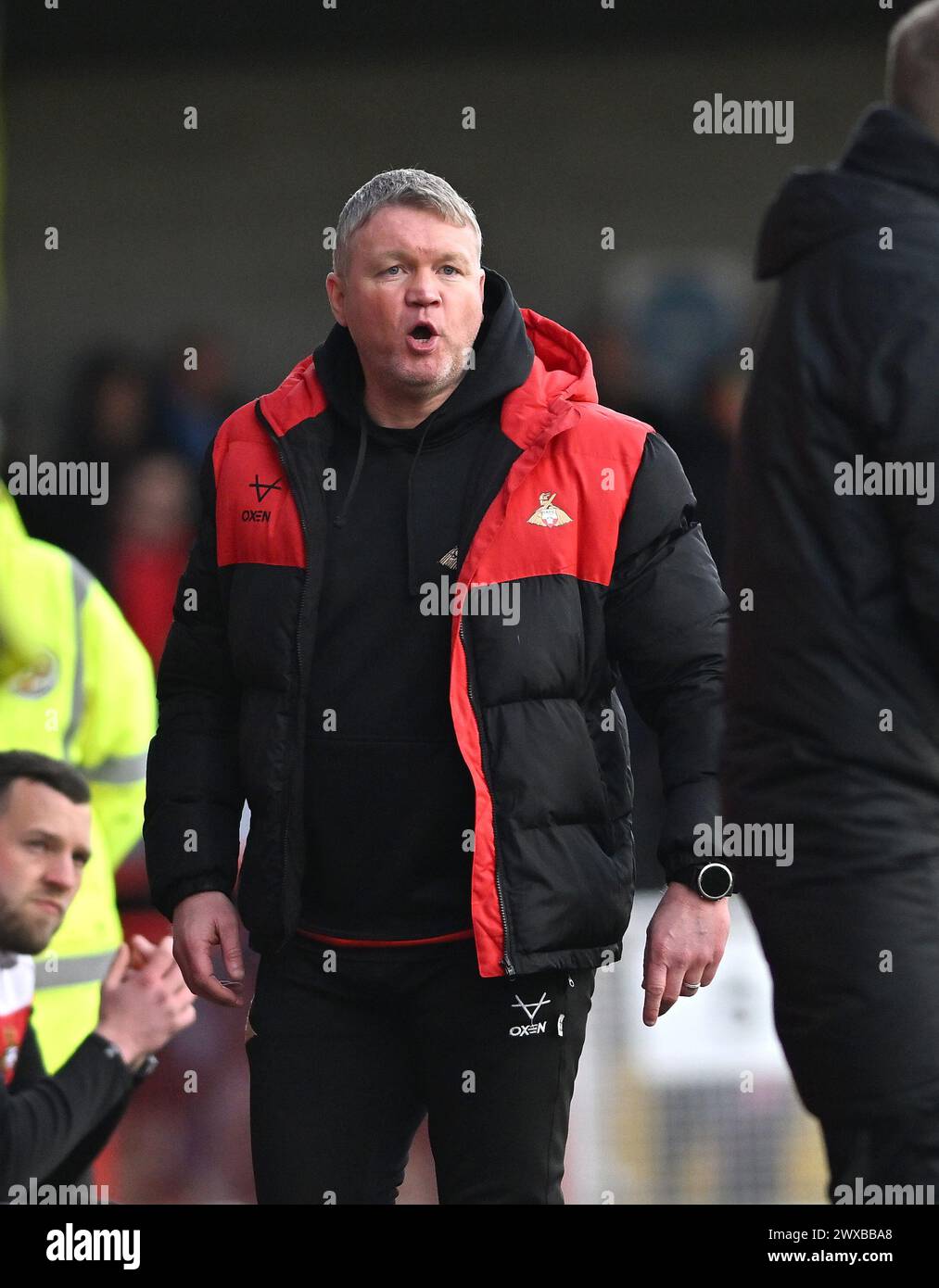 Crawley UK 29th March 2024 - Doncaster manager Grant McCann during the EFL League Two match between Crawley Town and Doncaster Rovers  : Credit Simon Dack / TPI / Alamy Live News. Editorial use only. No merchandising. For Football images FA and Premier League restrictions apply inc. no internet/mobile usage without FAPL license - for details contact Football Dataco Stock Photo