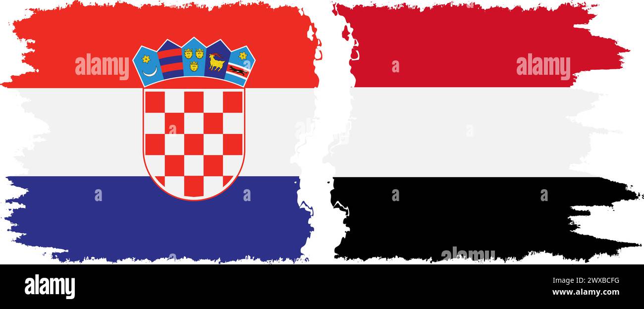 Yemen and Croatia grunge flags connection, vector Stock Vector