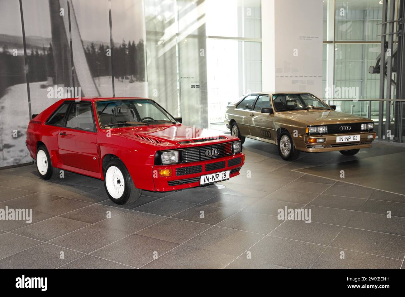 Museum mobile, Audi Museum, Red Audi Quattro in the foreground on display in an automobile museum, Museum mobile, Audi Museum, Audi, Ingolstadt Stock Photo