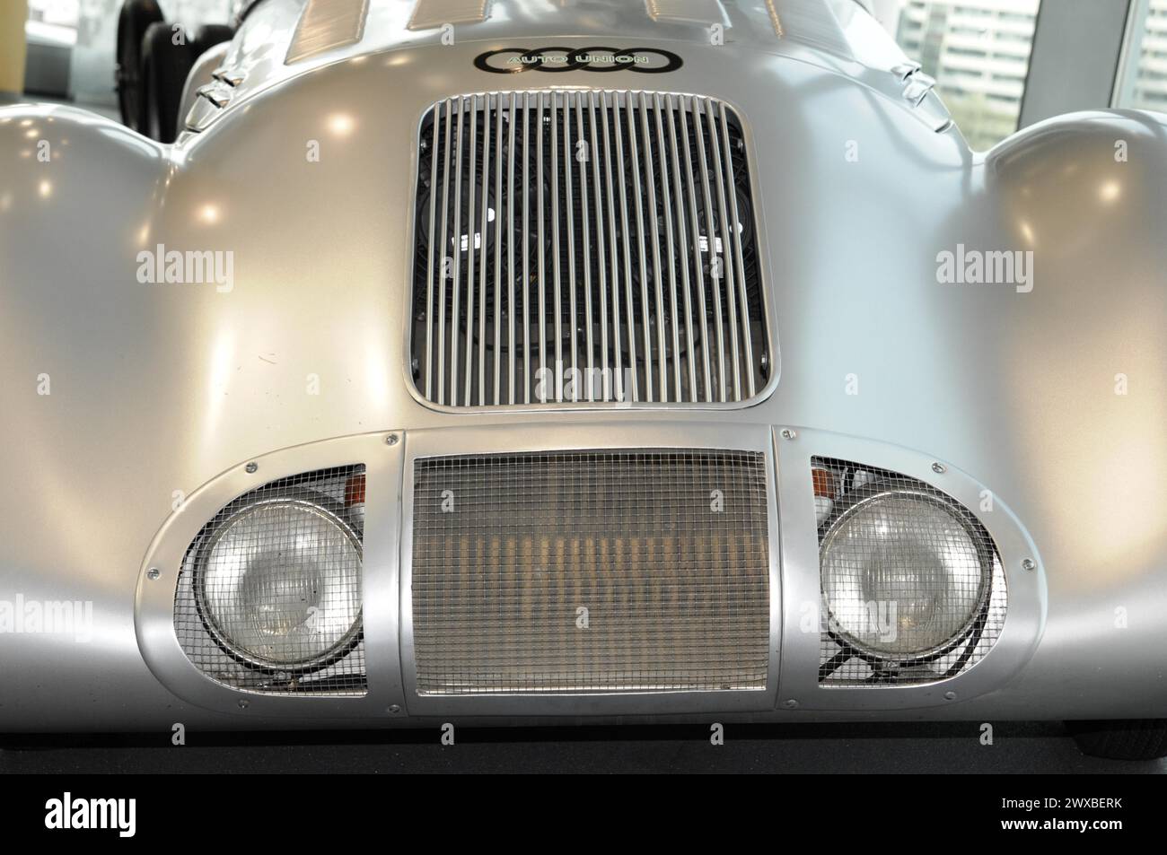 Museum mobile, Audi Museum, The detailed front view of a silver Audi vintage racing car, Museum mobile, Audi Museum, Audi, Ingolstadt, Bavaria Stock Photo