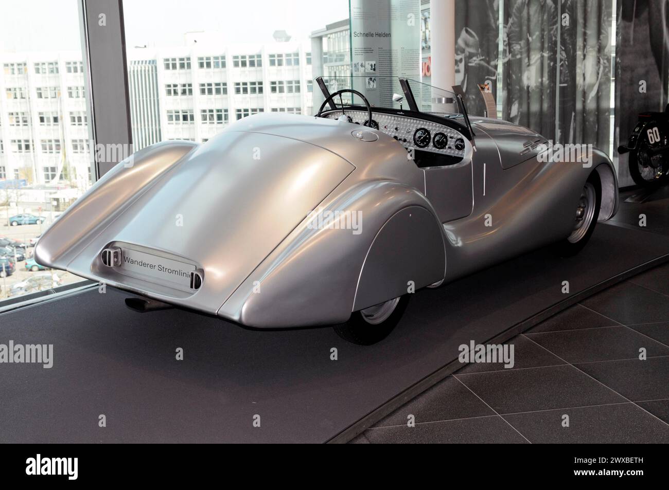 Museum mobile, Audi Museum, A silver roadster with aerodynamic design presented in an exhibition, Museum mobile, Audi Museum, Audi, Ingolstadt Stock Photo