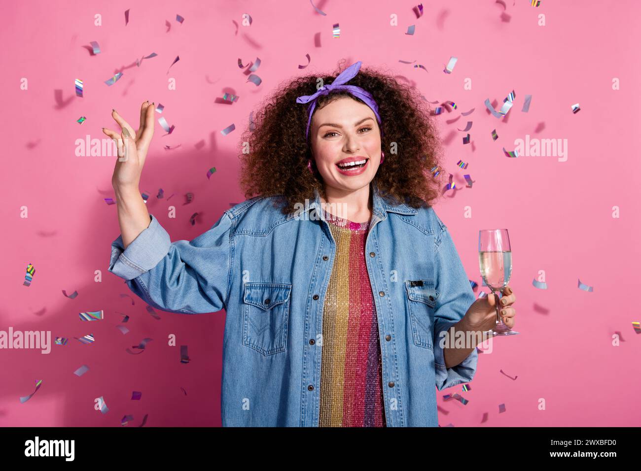 Photo of excited funky lady dressed denim outfit drinking wine celebrate xmas having fun isolated pink color background Stock Photo