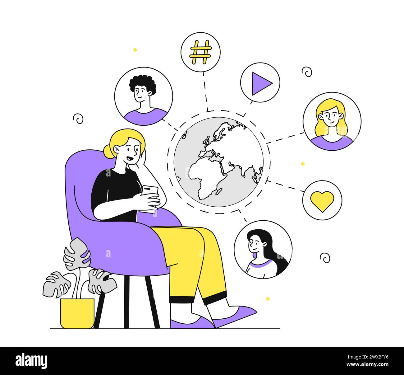 Woman with social networks linear vector Stock Vector