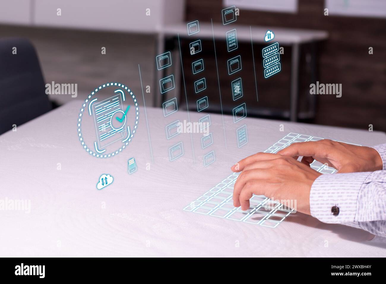Business person using a virtual reality computer to manage business documents, cloud storage, record keeping, database technology, file access, docume Stock Photo