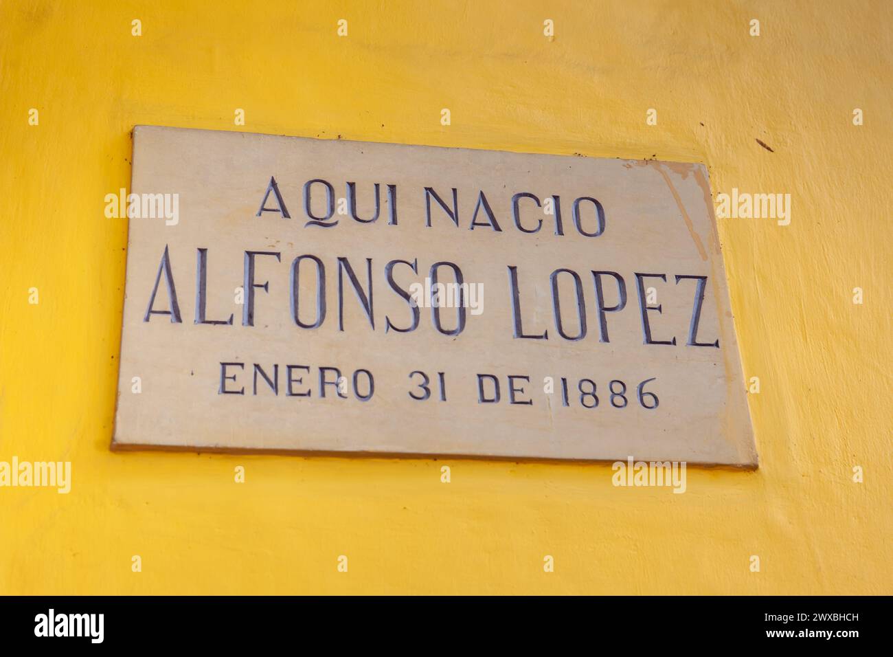 HONDA, COLOMBIA - JANUARY 12, 2024: Sign at the entrance of the natal house of the twice President of Colombia Alfonso Lopez Pumarejo in the heritage Stock Photo