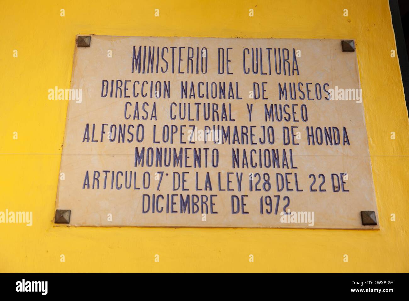 HONDA, COLOMBIA - JANUARY 12, 2024: Sign at the entrance of the natal house of the twice President of Colombia Alfonso Lopez Pumarejo in the heritage Stock Photo