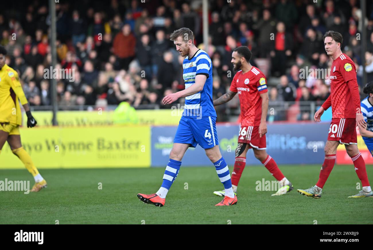 Crawley UK 29th March 2024 - Tom Anderson of Doncaster is sent off during the EFL League Two match between Crawley Town and Doncaster Rovers  : Credit Simon Dack / TPI / Alamy Live News. Editorial use only. No merchandising. For Football images FA and Premier League restrictions apply inc. no internet/mobile usage without FAPL license - for details contact Football Dataco Stock Photo