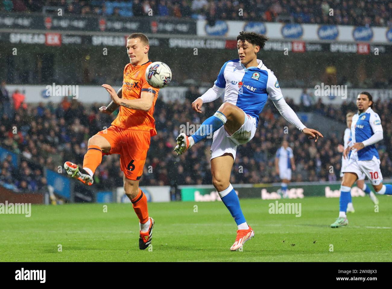 Ben Chrisene (Blackburn Rovers) lobs the goalkeeper before a disallowed own goal during the Sky Bet Championship match between Blackburn Rovers and Ipswich Town at Ewood Park, Blackburn on Friday 29th March 2024. (Photo: Pat Scaasi | MI News) Credit: MI News & Sport /Alamy Live News Stock Photo