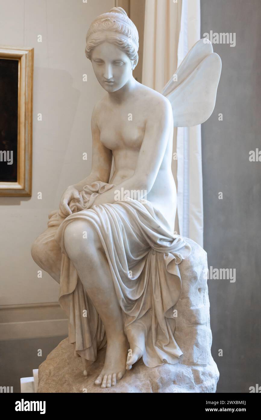 Florence, Italy: 28 December 2023. Psyche Abandoned by Pietro Tenerani, 1819, Carrara marble - the moment when Psyche loses Cupid Stock Photo