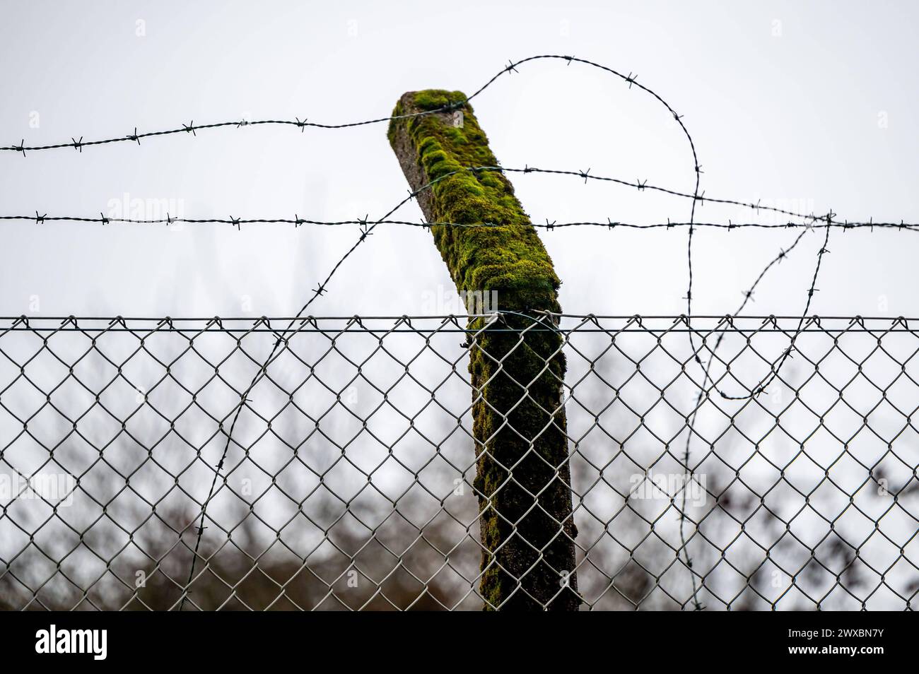 Mobillfunksender auf Sendemast des ehemaligen Warnamtes Meinerzhagen Im Zuge der Auflösung im Jahre 1997 wurde auch das Warnamt Meinerzhagen Märkischer Kreis, Sauerland stillgelegt. Auf dem Anwesen sind mittlerweile Privatfirmen angesiedelt. Der Sendemast wird weiter artgerecht genutzt und beherbergt Richtfunkstrecken und Mobilfunkantennen. Das Gelände ist noch immer gut gesichert: Aufgrund der Funktion der Warnämter während des Kalten Krieges ist die Liegenschaft ähnlich wie eine Kaserne oder eine Grenzanlage gesichert: Mit Stacheldraht und hohen Zäunen. Für Unbefugte ist das Grundstück noch Stock Photo