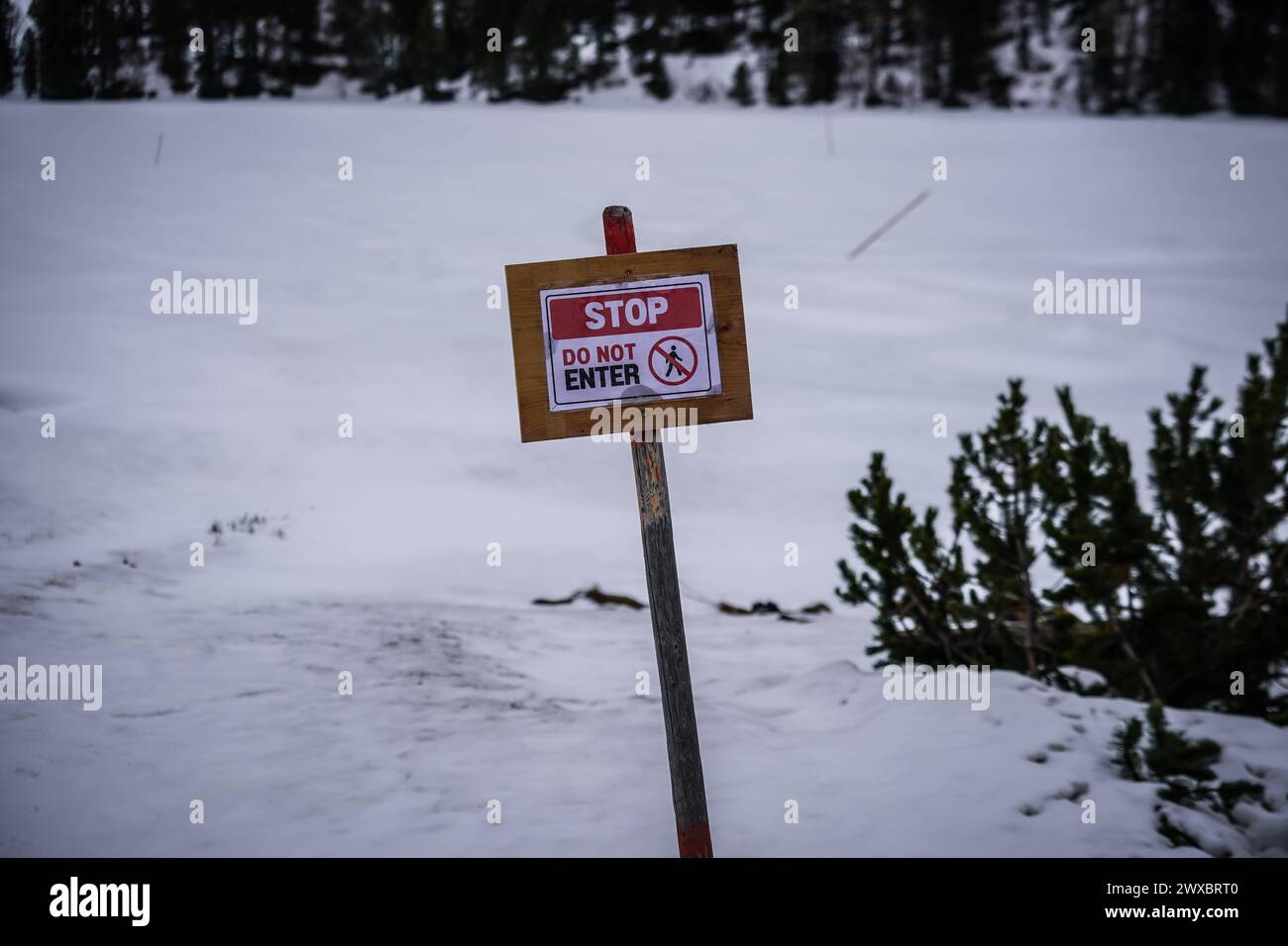 Turracher Höhe, Steiermark, Kärnten, Österreich, Europa: Schild STOP DO NOT ENTER - Sperrung, Warnung, Sicherheit, Eis, Einbruchgefahr, Ertrinken, gefrorener See, Gefahrenhinweis, Betreten verboten, Absperrung, Gefahr, Wintergefahren, Vereisung, Rettungseinsätze, Unfallprävention, Eisrettung, Wintersicherheit, Risikobewusstsein, Notfallplanung, Gefahrenmanagement, Eisstärke, Verbotsschild, Gefahrenzone, Unfallverhütung, Verantwortungsbewusstsein, Wintersicherheitsvorkehrungen. *** Turracher Höhe, Styria, Carinthia, Austria, Europe sign STOP DO NOT ENTER closure, warning, safety, ice, risk of b Stock Photo