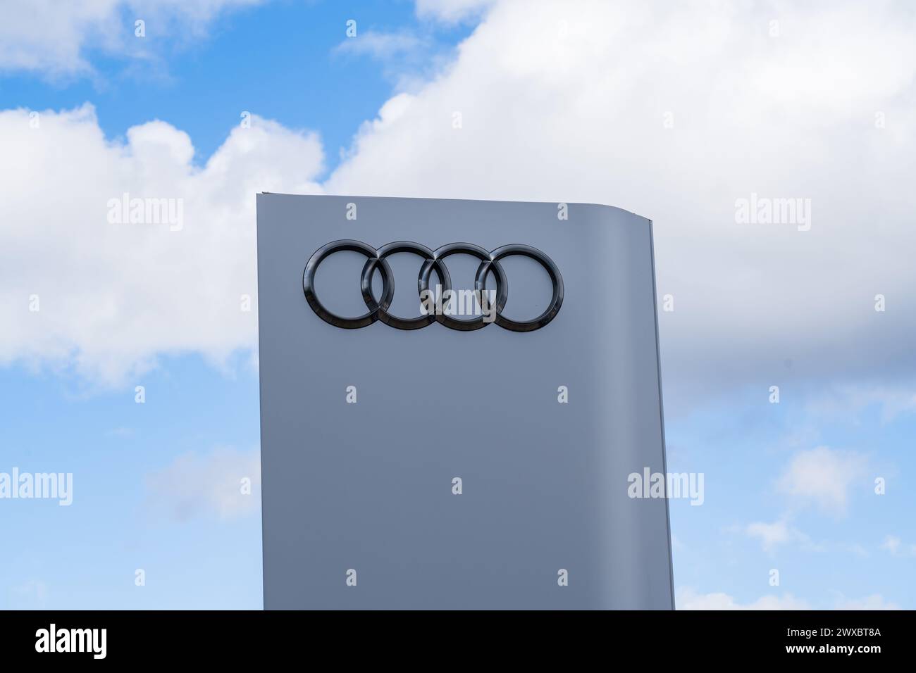 Wolverhampton, UK - March 29 2024: Audi external signage at a car dealership Stock Photo