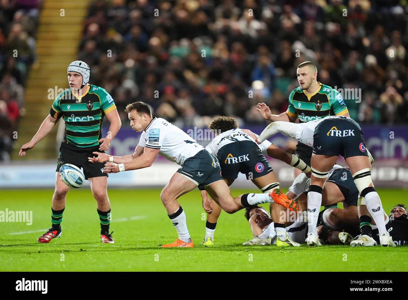 Saracens' Ivan Van Zyl (second left) in action during the Gallagher Premiership match at cinch Stadium at Franklin's Gardens, Northampton. Picture date: Friday March 29, 2024. Stock Photo