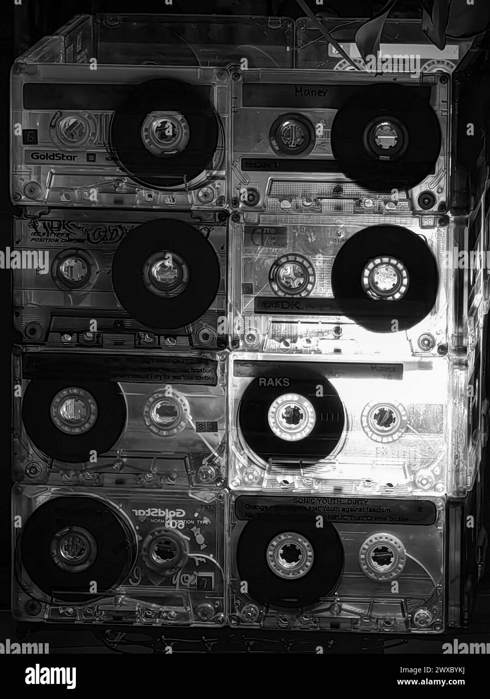 Retro beats. cassette demo tapes  lamp. Music inspired room decoration. Black and white, Monochrome tower.. 3.29. 2024 Shtip Macedonia Stock Photo