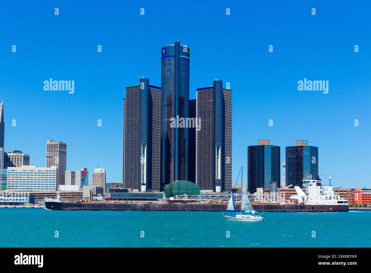 The Renaissance Center in Detroit, Michigan, USA, seen from the Detroit River. It is the location of the General Motors world headquarters, a Marriott Stock Photo