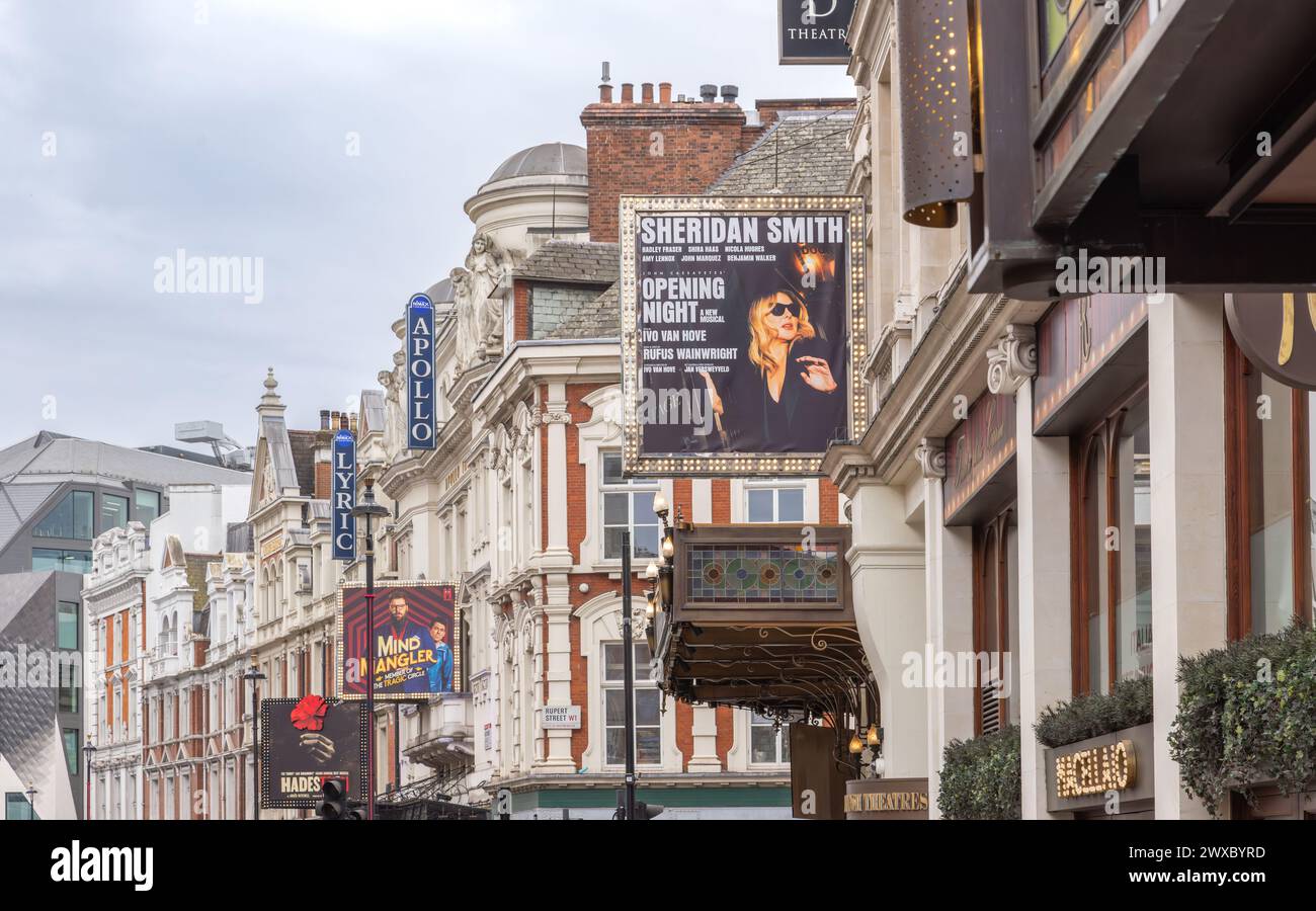 The Gielgud, Apollo and Lyric theatres in Shaftesbury Avenue, Theatreland, London. Sheridan Smith starring in Opening Night in the West End of London. Stock Photo