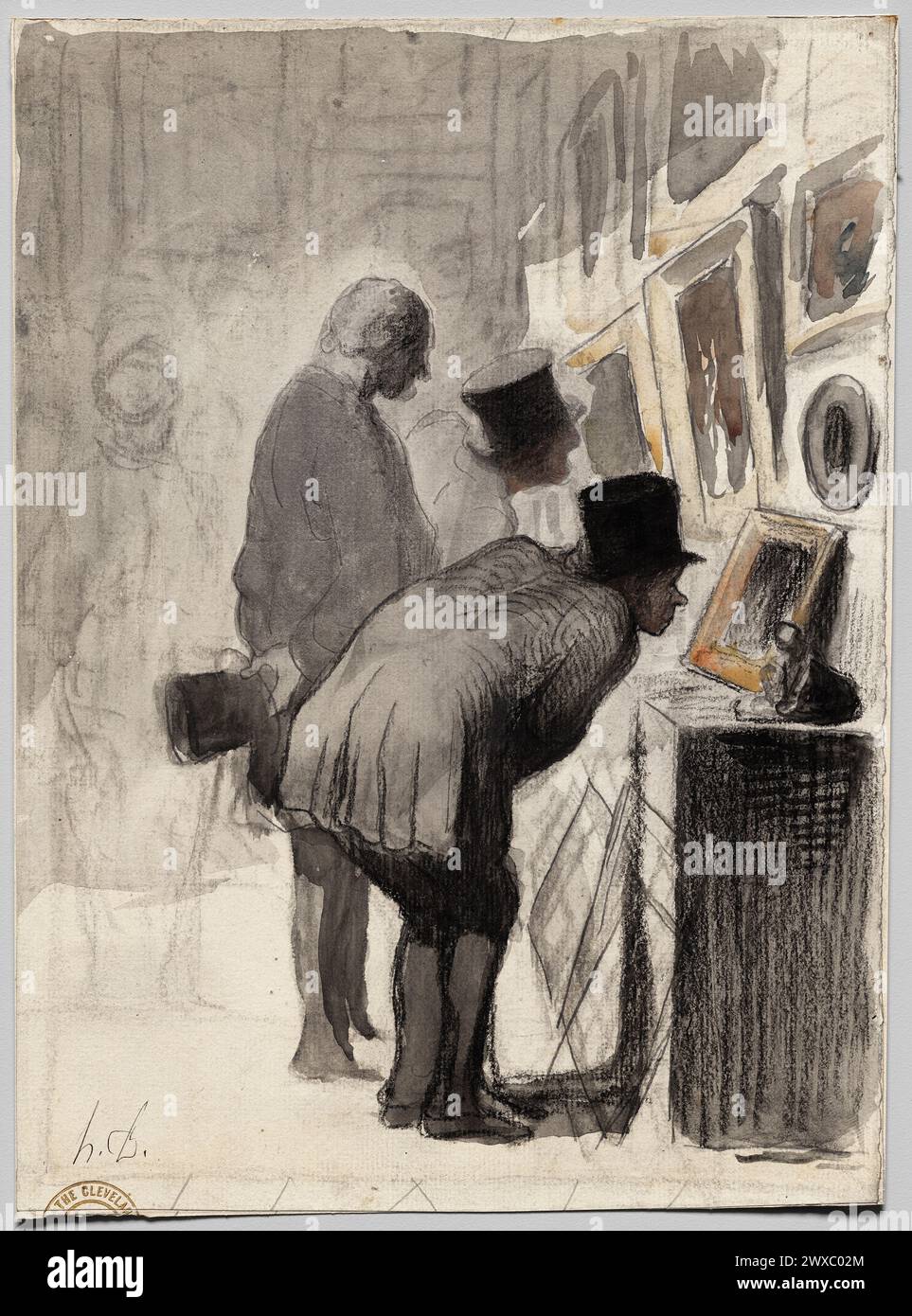 Art Lovers. Honoré Daumier. c. 1863.  Gray and black wash, charcoal, and graphite, with watercolor, on cream laid paper. Stock Photo