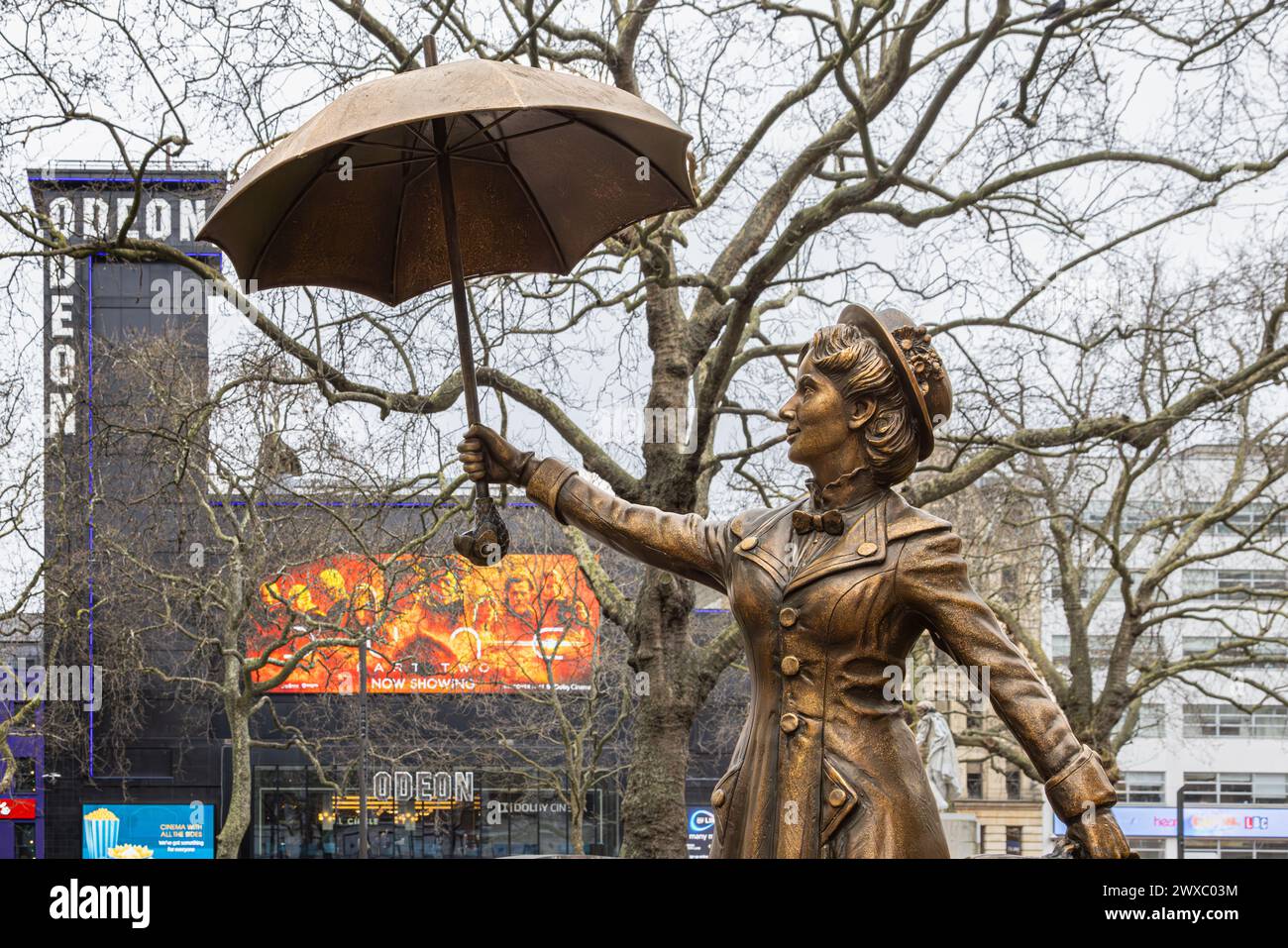 Bronze statue of Mary Poppins at Scenes in The Square, Leicester Square. Home to nationally significant cinemas and host to many movie premieres. Stock Photo