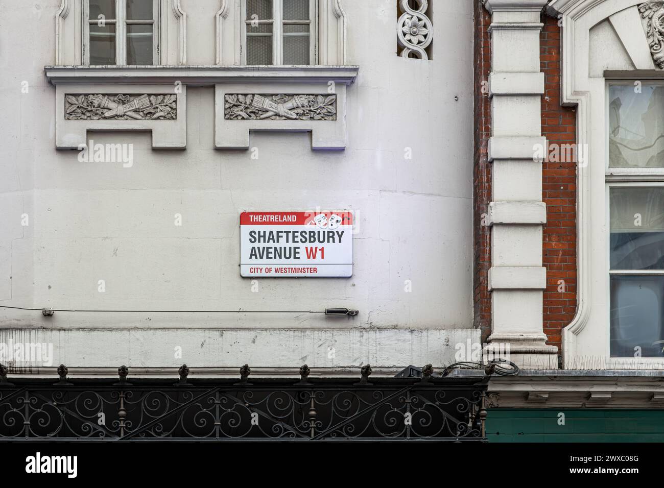 A road sign for Shaftsbury Avenue, home of London's Theatreland. London theatre, performance, entertainment, travel or tourism concept. Stock Photo