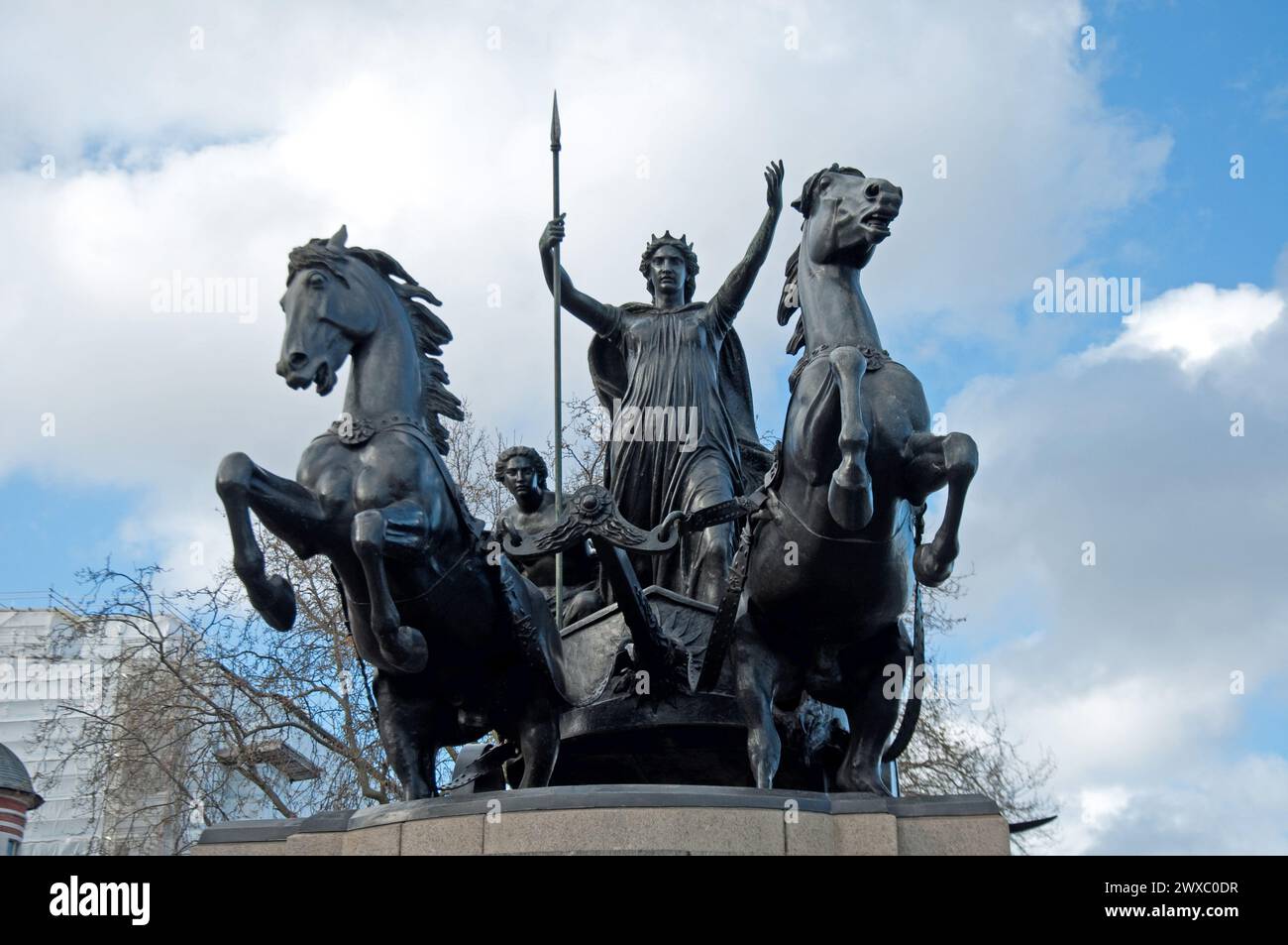 Statue of Queen Boudicea, chariot and horses, Westminster Bridge, London, UK.  Boudica or Boudicca (from Brythonic *boudi 'victory, win' + *-ka 'havin Stock Photo