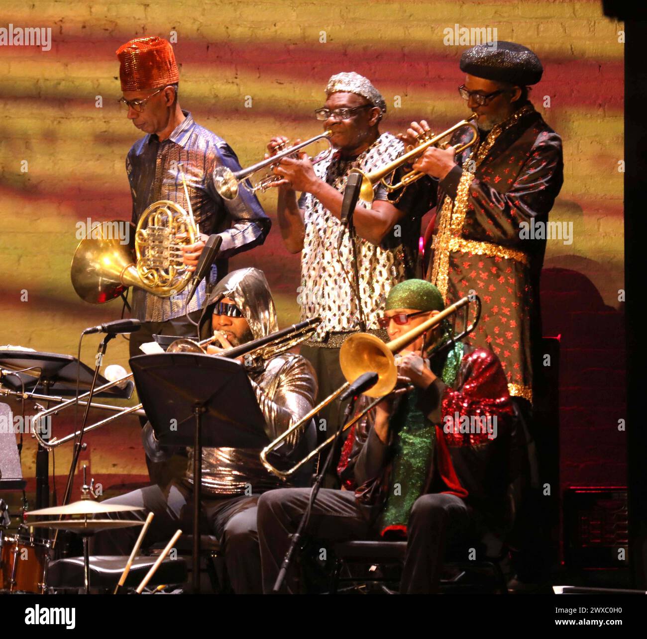 March 28, 2024, New York, New York, USA: Band members from THE SUN RA ARKESTRA perform during the Jazz Foundation of Americaâ€™s â€˜A Great Night in Harlemâ€™ 2024 Gala Concert held at the Apollo Theater. (Credit Image: © Nancy Kaszerman/ZUMA Press Wire) EDITORIAL USAGE ONLY! Not for Commercial USAGE! Stock Photo