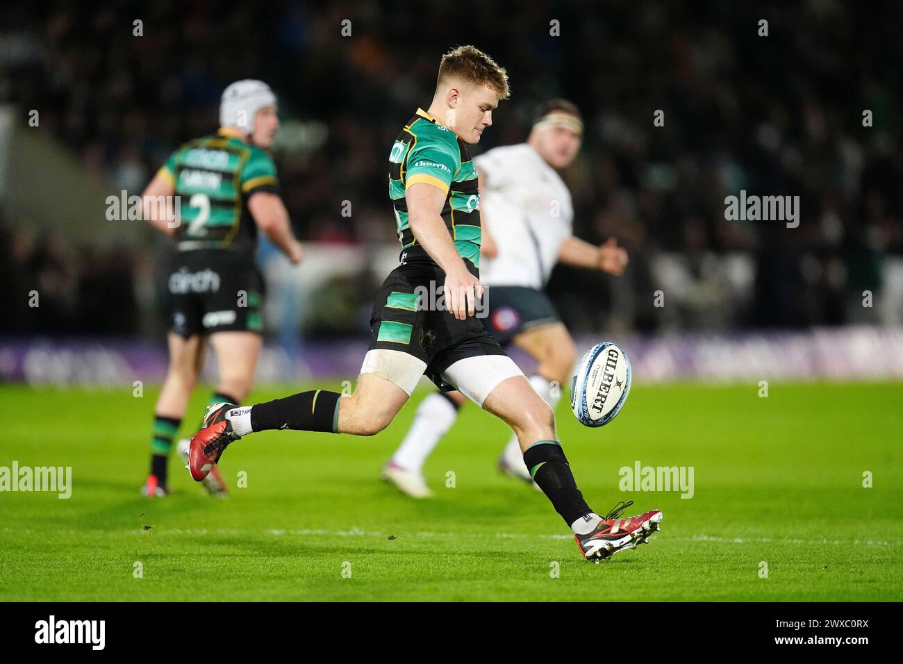 Northampton Saints' Fin Smith during the Gallagher Premiership match at cinch Stadium at Franklin's Gardens, Northampton. Picture date: Friday March 29, 2024. Stock Photo