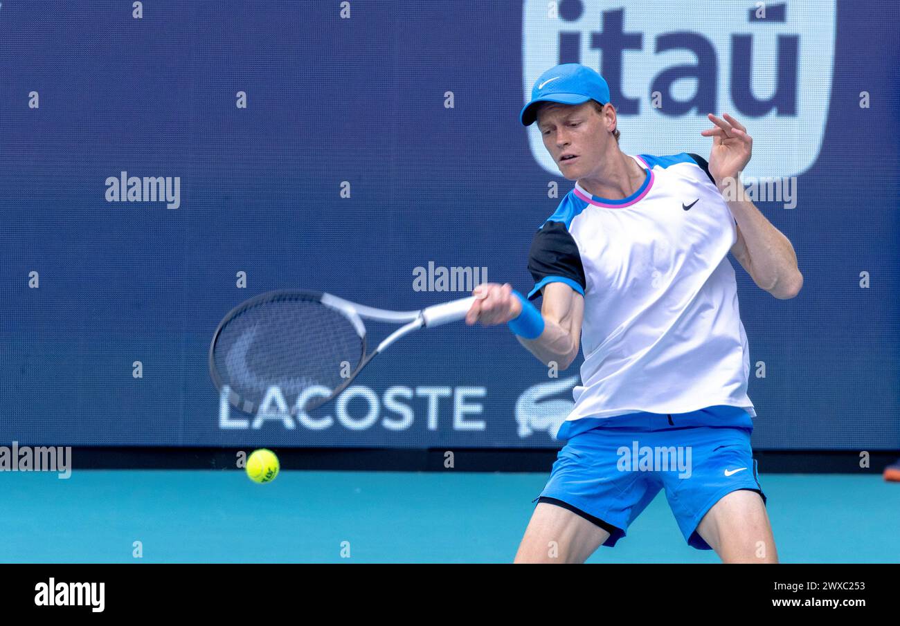 Miami Gardens, United States. 29th Mar, 2024. Jannik Sinner from Italy hits a forehand shot to Daniil Medvedev during the Miami Open men's.semifinals at the Hard Rock Stadium in Miami Gardens, Florida on Friday, March 29, 2024. Sinner defeated Medvedev 6-1, 6-2 advancing to the Men's final. Photos By Gary I Rothstein/UPI Credit: UPI/Alamy Live News Stock Photo