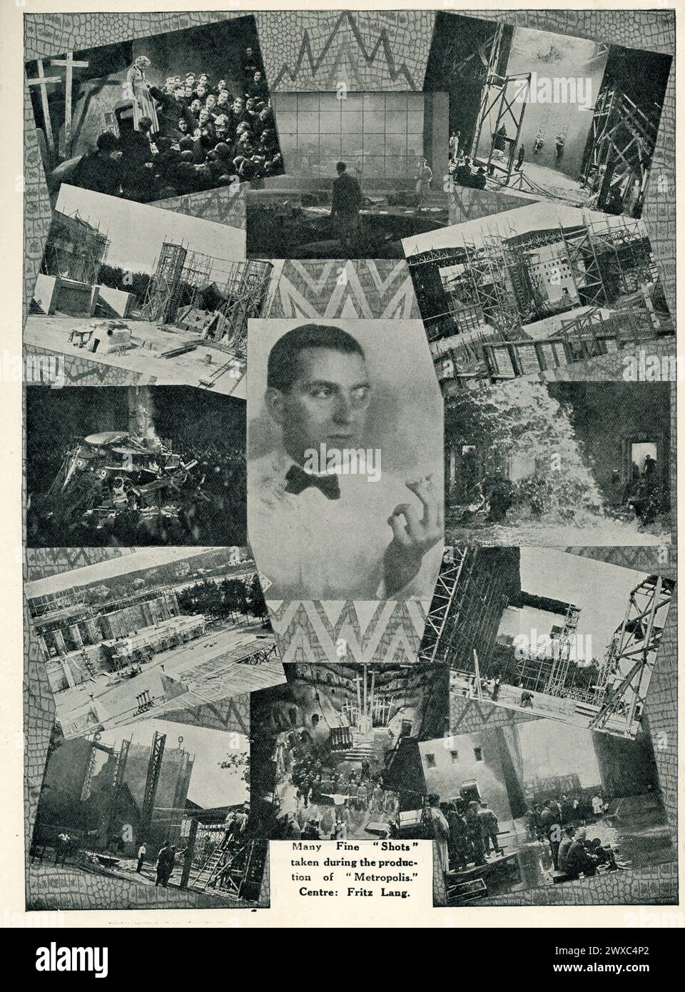 Director FRITZ LANG with montage of production photos taken during set construction and filming on page from original release British programme for METROPOLIS 1927 director FRITZ LANG novel and screenplay Thea von Harbou Universum Film (UFA) Stock Photo