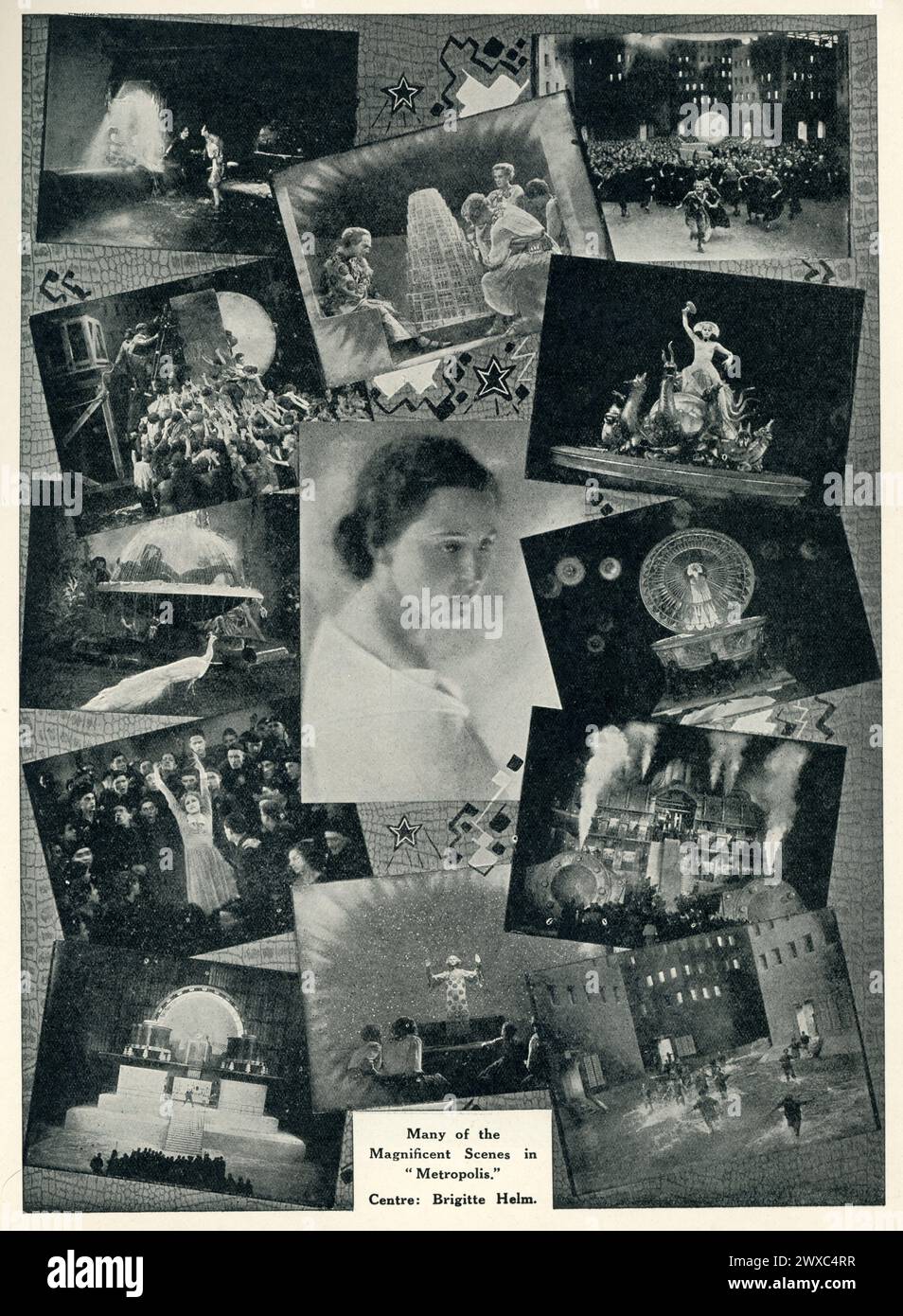 Scenes including BRIGITTE HELM and on set candids during filming from page from original release British programme for METROPOLIS 1927 director FRITZ LANG novel and screenplay Thea von Harbou Universum Film (UFA) Stock Photo