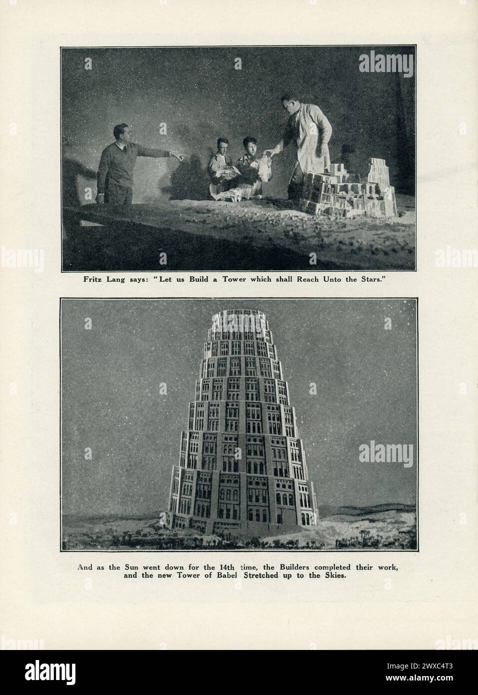 Director FRITZ LANG with Set Builders during construction of the TOWER OF BABEL model on page from original release British programme for METROPOLIS 1927 director FRITZ LANG novel and screenplay Thea von Harbou Universum Film (UFA) Stock Photo