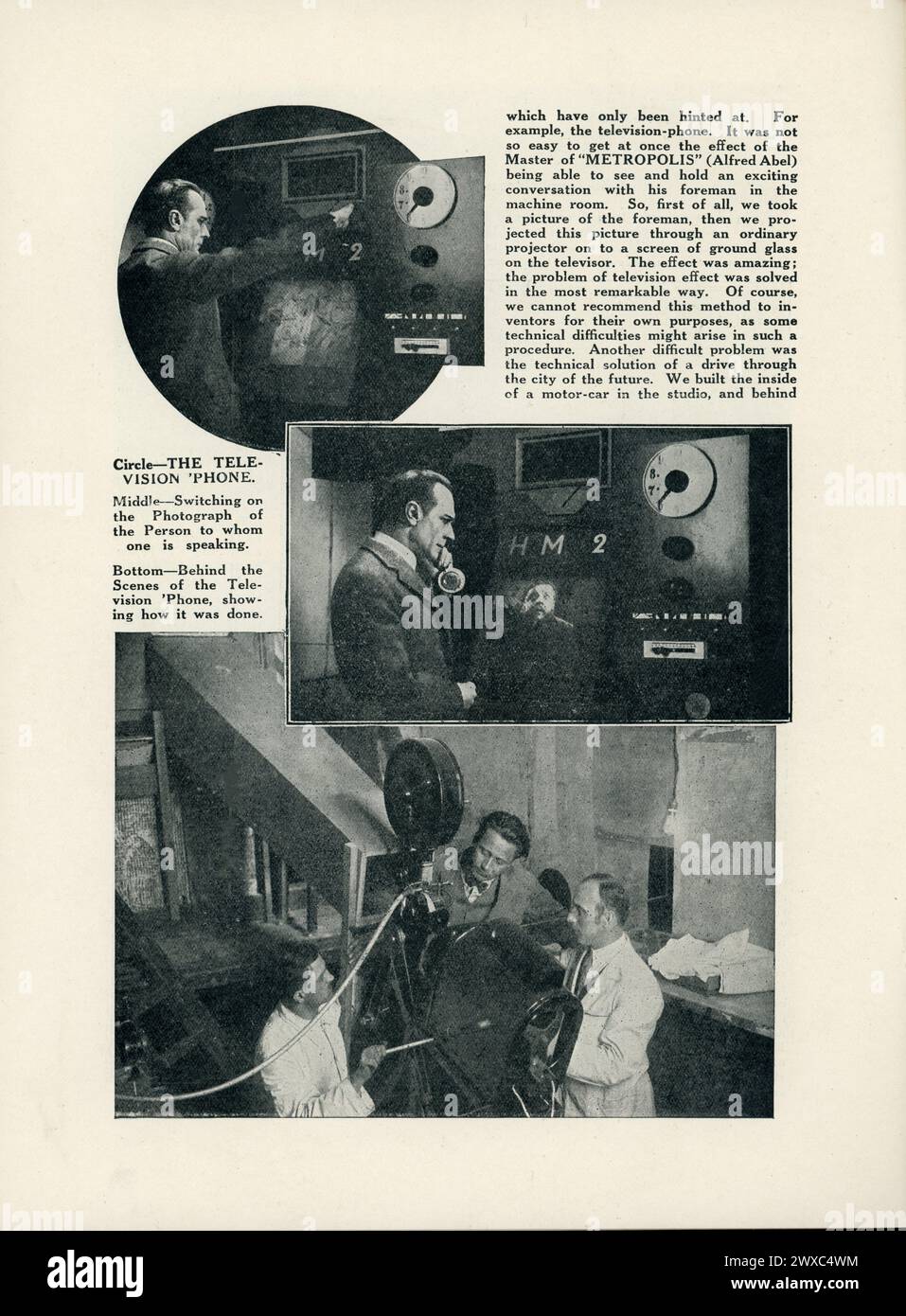How the TELEVISION PHONE special effect as used by ALFRED ABEL as Ferederson was achieved on page from original release British programme for METROPOLIS 1927 director FRITZ LANG novel and screenplay Thea von Harbou Universum Film (UFA) Stock Photo
