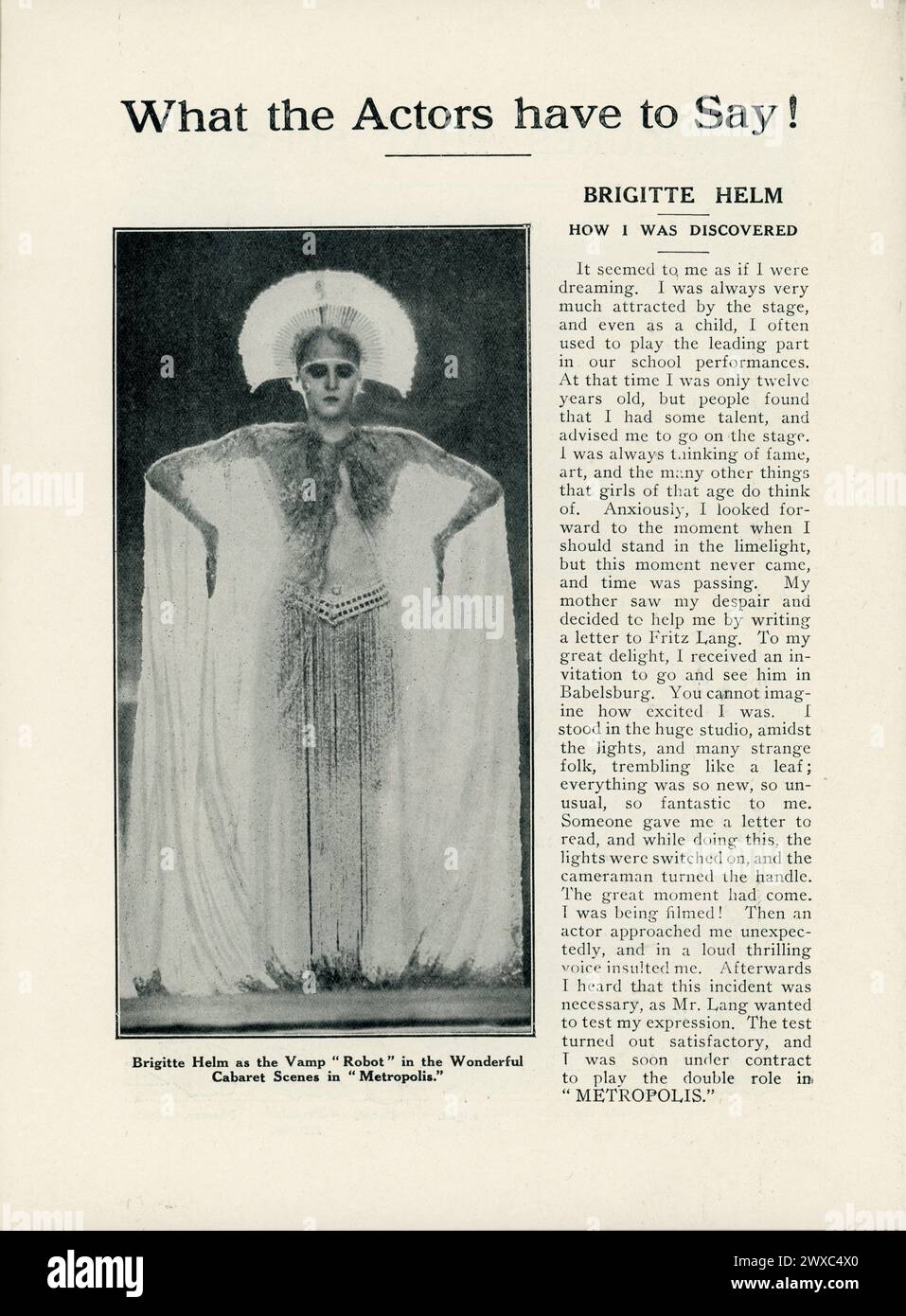 BRIGITTE HELM as the 'Vamp' Robot in page from original release British programme for METROPOLIS 1927 director FRITZ LANG novel and screenplay Thea von Harbou Universum Film (UFA) Stock Photo