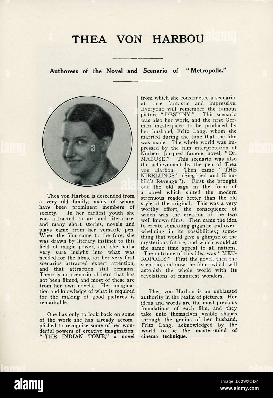 THEA VON HARBOU Author and Scenarist in page from original release British programme for METROPOLIS 1927 director FRITZ LANG novel and screenplay Thea von Harbou Universum Film (UFA) Stock Photo
