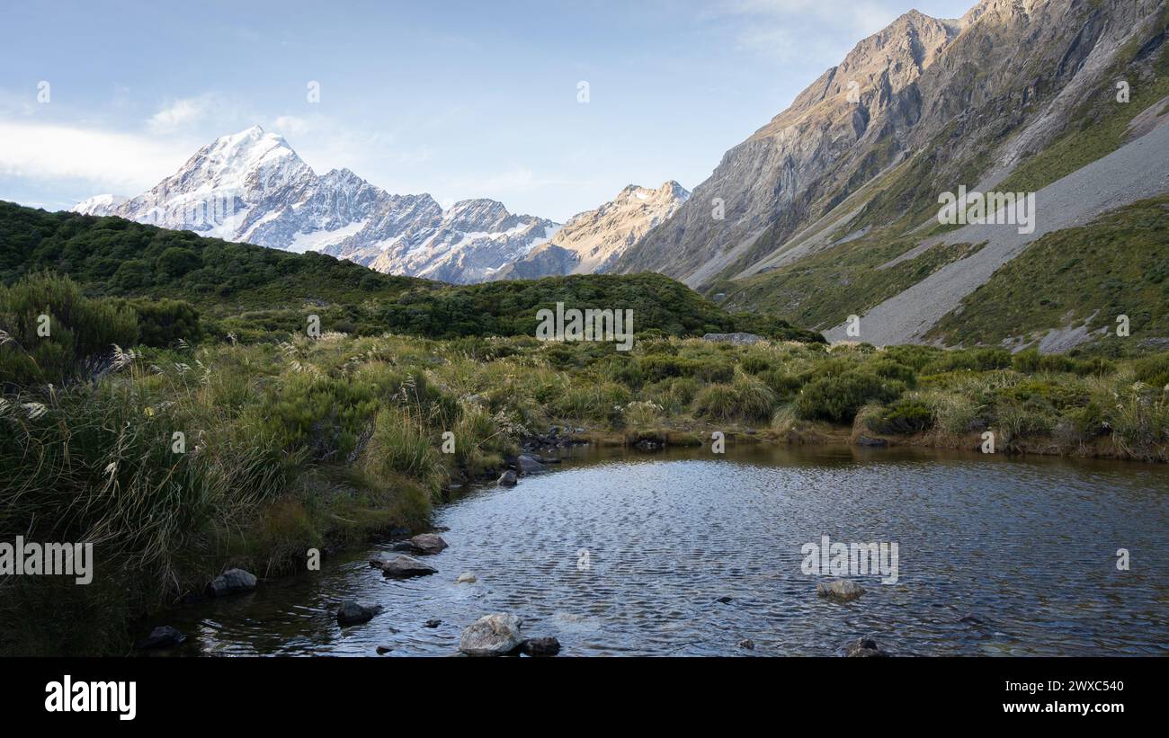 Small alpine pond surrounded by mountains with snowy peak in background, Mt Cook, New Zealand. Stock Photo