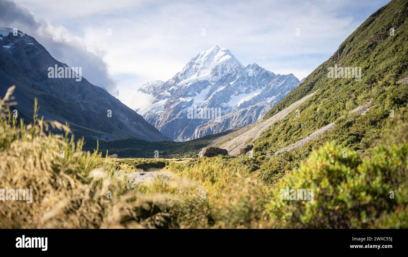 Massive snowy mountain with glacier towering above scenic alpine valley, Mt Cook, New Zealand. Stock Photo