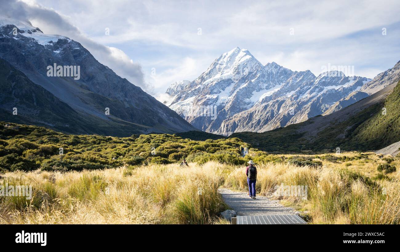 Tourists walking the trail in beautiful alpine valley with huge snowy mountain, Mt Cook, New Zealand. Stock Photo