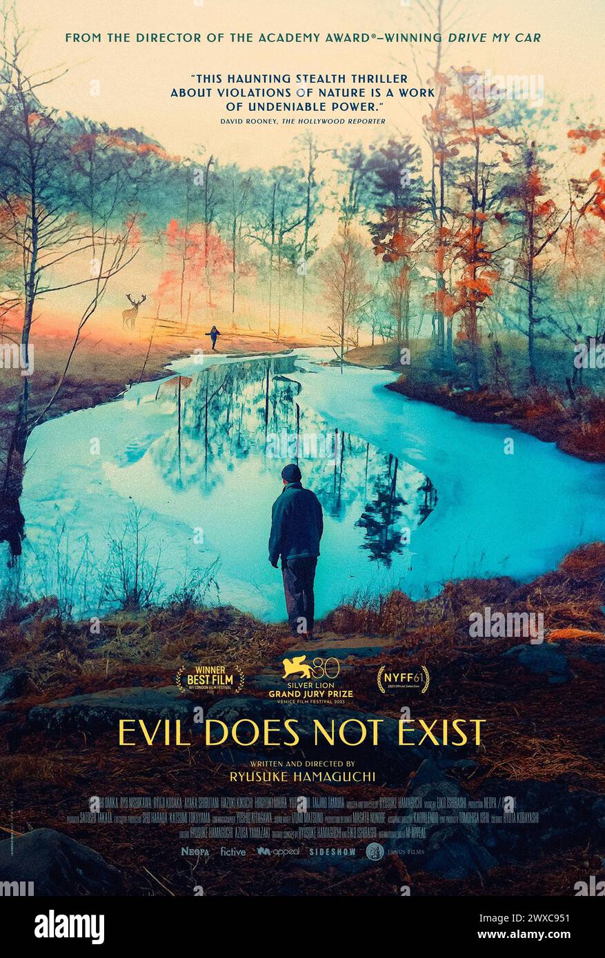 Evil Does Not Exist (2023) directed by Ryûsuke Hamaguchi and starring Hitoshi Omika, Ryô Nishikawa and Ryûji Kosaka. Takumi and his daughter Hana live in Mizubiki Village, close to Tokyo. One day, the village inhabitants become aware of a plan to build a camping site near Takumi's house offering city residents a comfortable 'escape' to nature. US one sheet poster.***EDITORIAL USE ONLY*** Credit: BFA / Janus Films Stock Photo