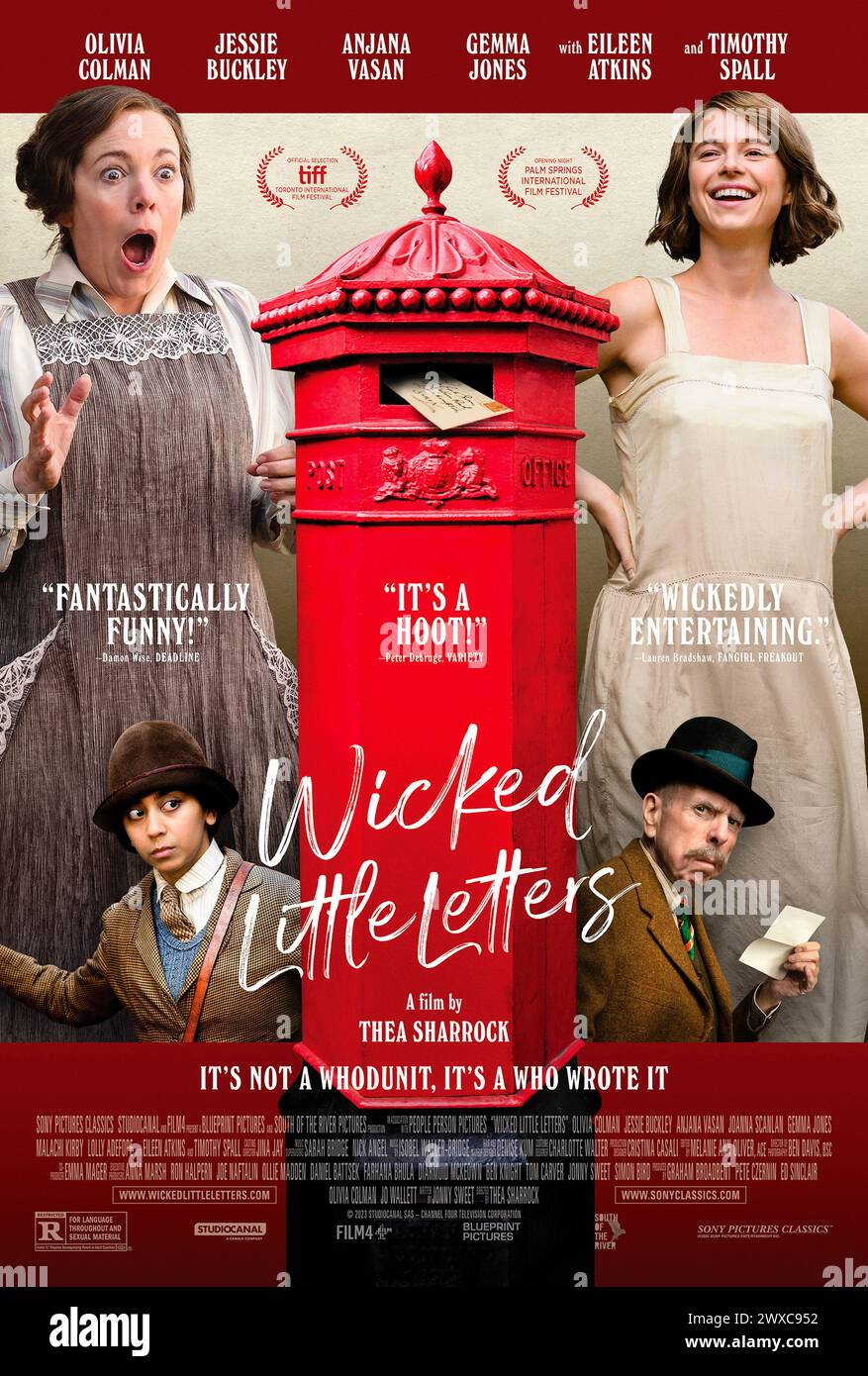 Wicked Little Letters (2023) directed by Thea Sharrock and starring Olivia Colman, Jessie Buckley and Jason Watkins. When people in Littlehampton--including conservative local Edith--begin to receive letters full of hilarious profanities, rowdy Irish migrant Rose is charged with the crime. Suspecting that something is amiss, the town's women investigate. US one sheet poster.***EDITORIAL USE ONLY*** Credit: BFA / Sony Pictures Classics Stock Photo
