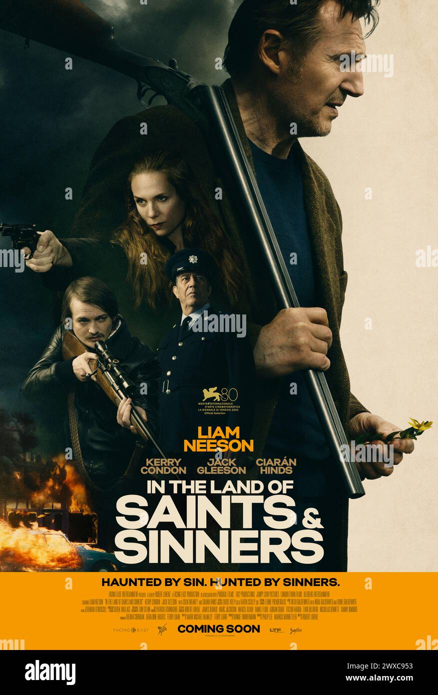 In the Land of Saints and Sinners (2023) directed by Robert Lorenz and starring Liam Neeson, Kerry Condon, Desmond Eastwood and Conor MacNeill. In a remote Irish village Finbar Murphy is forced to fight for redemption after a lifetime of sins, but what price is he willing to pay? In the land of saints and sinners, some sins can't be buried. US one sheet poster ***EDITORIAL USE ONLY***. Credit: BFA / Samuel Goldwyn Films Stock Photo