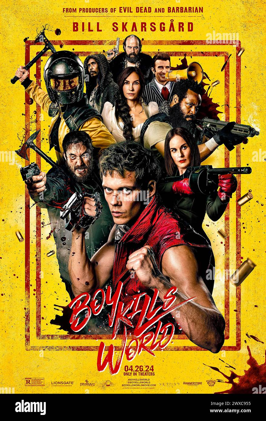 Boy Kills World (2023) directed by Moritz Mohr and starring Bill Skarsgård, Famke Janssen and Jessica Rothe. A dystopian fever dream action film that follows Boy, a deaf person with a vibrant imagination. When his family is murdered, he is trained by a mysterious shaman to repress his childish imagination and become an instrument of death. US one sheet poster.***EDITORIAL USE ONLY*** Credit: BFA / Lionsgate Stock Photo