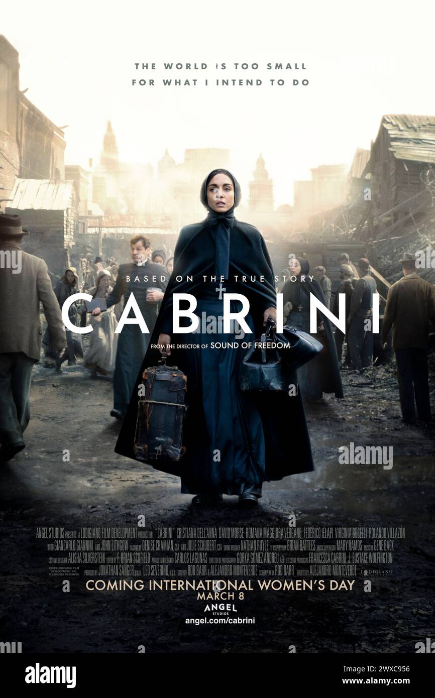 Cabrini (2024) directed by Alejandro Monteverde and starring Cristiana Dell'Anna, John Lithgow and David Morse. Ture story of Italian immigrant Francesca Cabrini, a Catholic missionary who persuades a hostile mayor to provide housing and healthcare for hundreds of orphaned children living in the slums of New York City in 1889 and becomes the first American saint. US one sheet poster ***EDITORIAL USE ONLY***. Credit: BFA / Angel Studios Stock Photo