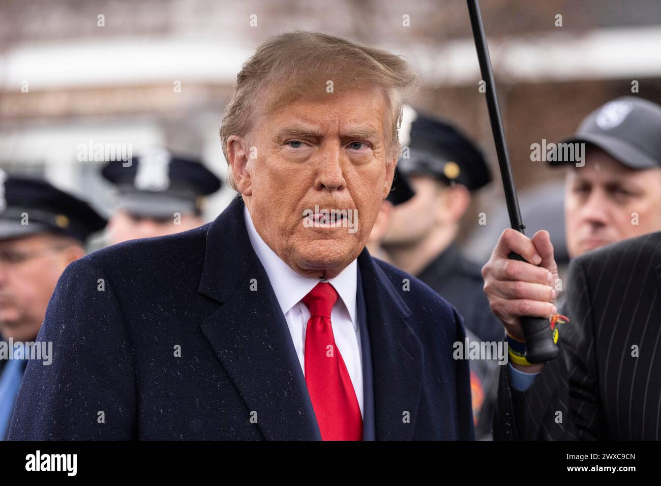 Massapequa Park, New York, USA. 28th Mar, 2024. Former President DONALD TRUMP speaks to the press after attending wake for NYPD officer Jonathan Diller at Massapequa Funeral Home. (Credit Image: © Lev Radin/ZUMA Press Wire) EDITORIAL USAGE ONLY! Not for Commercial USAGE! Stock Photo