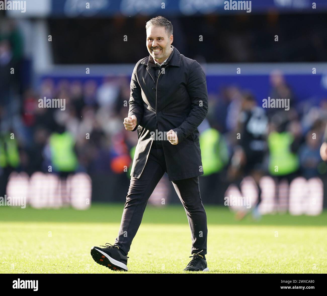 LONDON, ENGLAND - MARCH 29: Martí Cifuentes, manager of Queens Park Rangers celebrating after the Sky Bet Championship match between Queens Park Rangers and Birmingham City at Loftus Road on March 29, 2024 in London, England.(Photo by Dylan Hepworth/MB Media) Stock Photo
