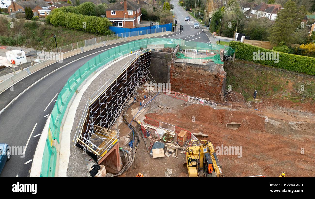 Construction of the 'Cut and Shut' tunnel for HS2 railway that passes through the centre of the village of Burton Green in Warwickshire.The railway will travel through the area in a 700 metre green tunnel, providing an opportunity to create an extensive new landscape over and around the tunnel. New designs, now being shared with the local community, show how the roof of the tunnel will integrate seamlessly with the existing landscape. Stock Photo
